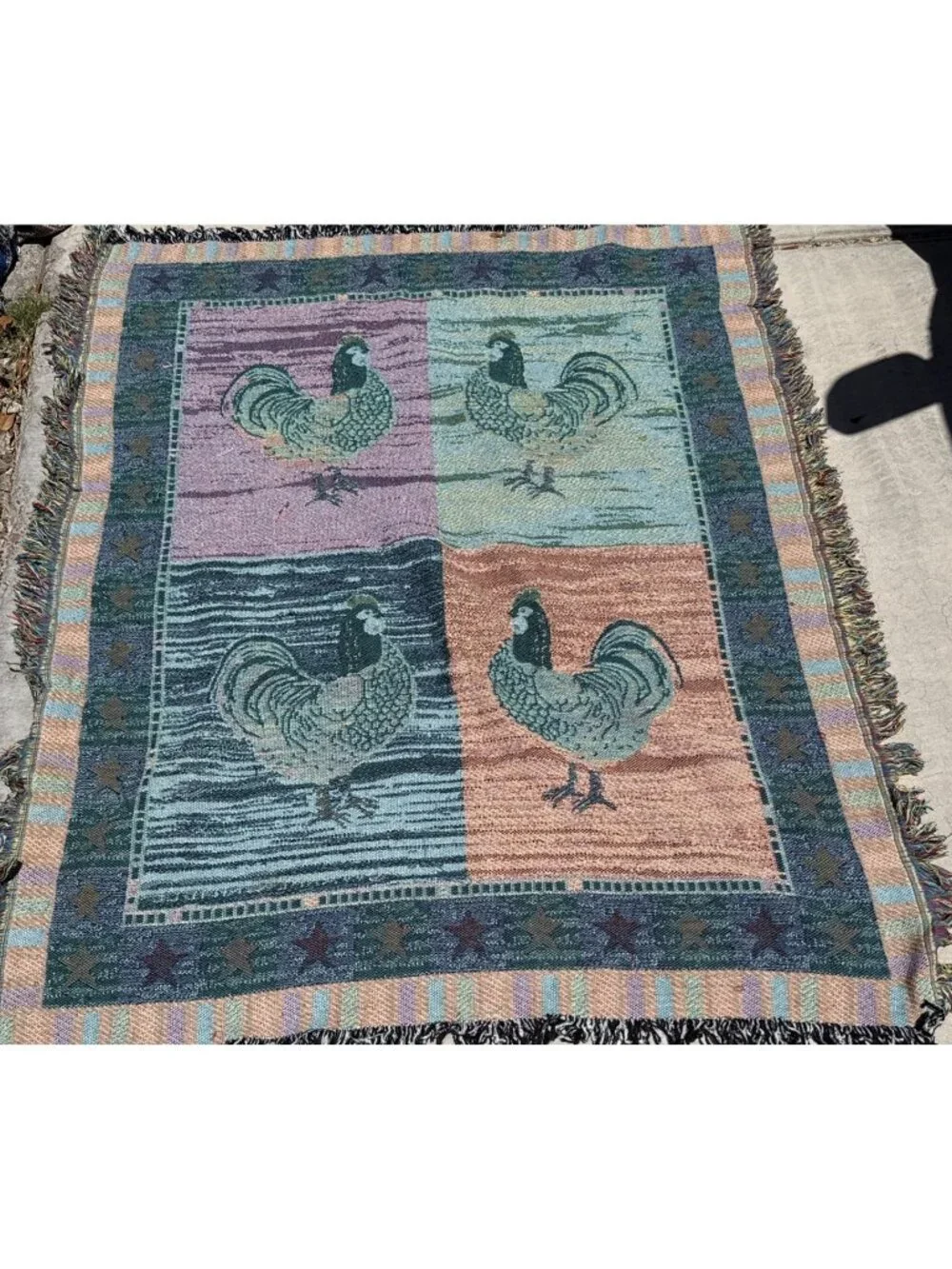 Vintage Warren Kimble Rooster Chicken Block Tapestry Throw Blanket Fringe 50x60